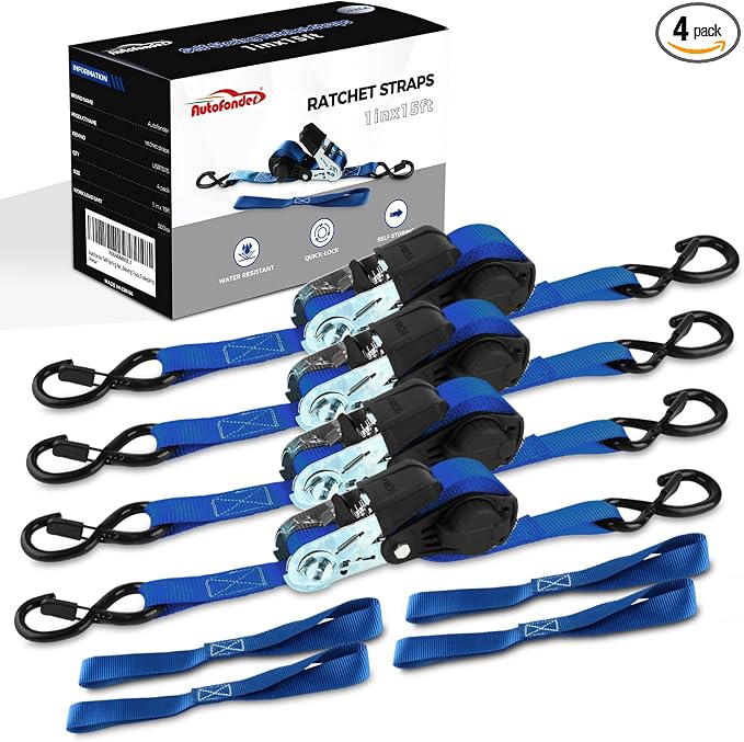 NeatStrap Ratchet Strap with Safety Lock Chromoly S Hooks-1,500lbs Break Strength-Motorcycle, Kayak Ratcheting Straps 1" x 15' Soft Loop Tie-Downs for Pickup Bed,Moving Truck,Trailer(4PK)