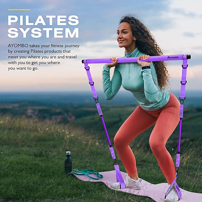 Ayombo Pilates Bar Kit with Resistance Bands, Pilates Workout Equipment for Legs, Hip, Waist, Arm, Squats Exercise Equipment for Home Workouts, Adjustable 3-Section Pilates Bar Kit for Women & Men