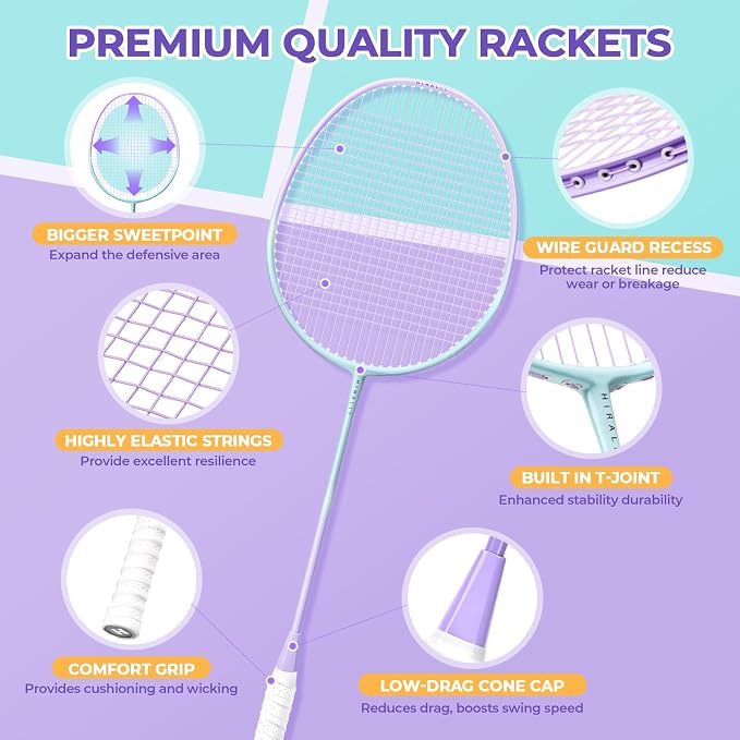 HIRALIY Badminton Rackets Set for Backyards, Badminton Set, Includ 2/4 Rackets, 6/12 Birdies, 1 Carrying Bag, Outdoor Game for Adult Family Beginner