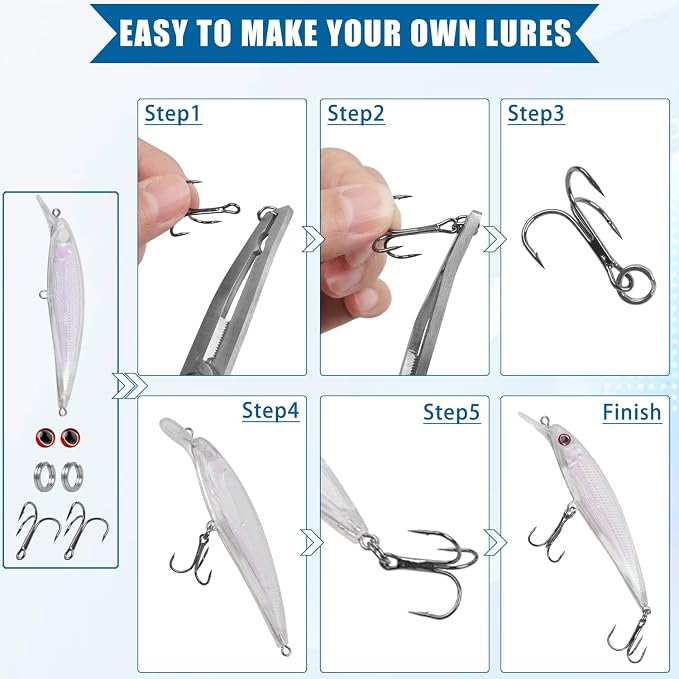 Unpainted Fishing Lures Making Kit DIY Blank Lures Crankbaits Minnow Jerkbait Hard Bait Set with Treble Hooks, Split Rings, Lure Eyes Lure Making Supplies Make Your Own Fishing Lures