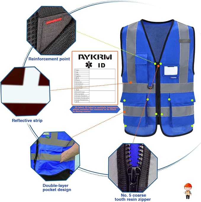 A-SAFETY Blue High Visibility Reflective Safety Vest,Hi Vis Bright Neon Color with 4 Reflective Strips 8 Pockets,X-Large
