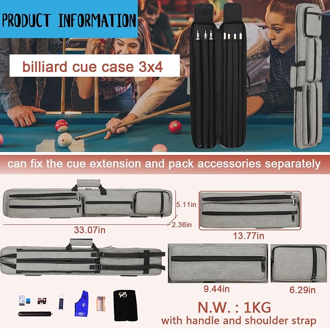 Pool Cue Case 3x4 Pool Stick Bag with Backpack Straps Soft Billiard Cue Carrying Case with Two Shoulder Strap, Billiard Stick Case Holds 3 Butts 4 Shafts and Billiards Accessories
