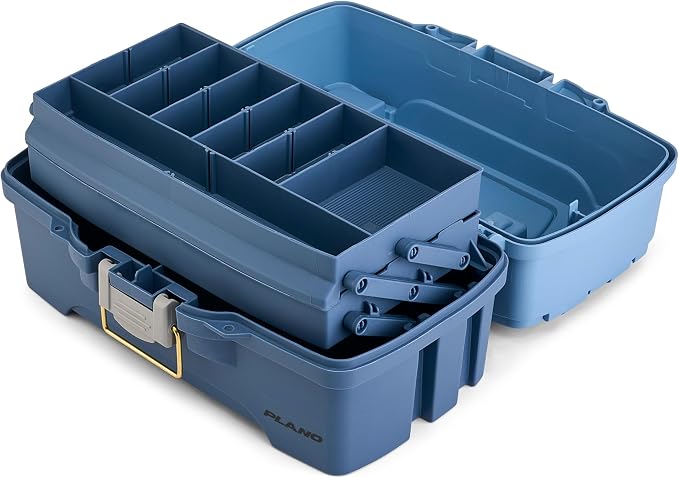Plano Catch All Two-Tray Tackle Box Kit, Light Blue/Dark Blue, Rust-Proof Brass Latch, Top-Access Tray with Deep Storage, Made in the USA, Portable Fishing Gear Storage Organizer
