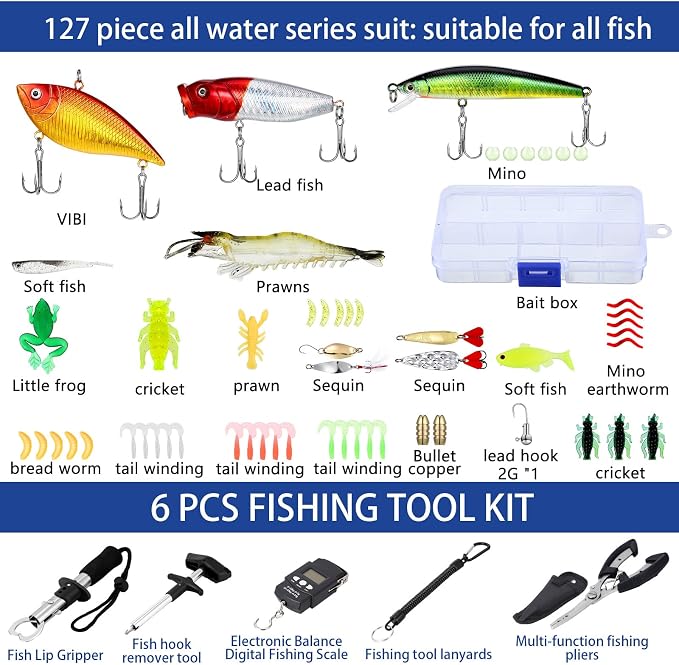 Seenelling 482 Pcs Fishing Tools Kit Fishing Accessories Kit Include Fish Hook Lures Hook Remover Lip Gripper Backpack for Men Women Gifts