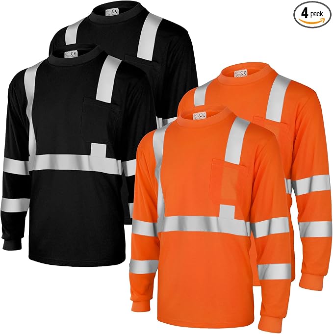 Amylove 4 Pcs Long Sleeve Safety Shirt High Visibility Reflective Construction Work Shirts for Men Women(XL,Orange, Black)