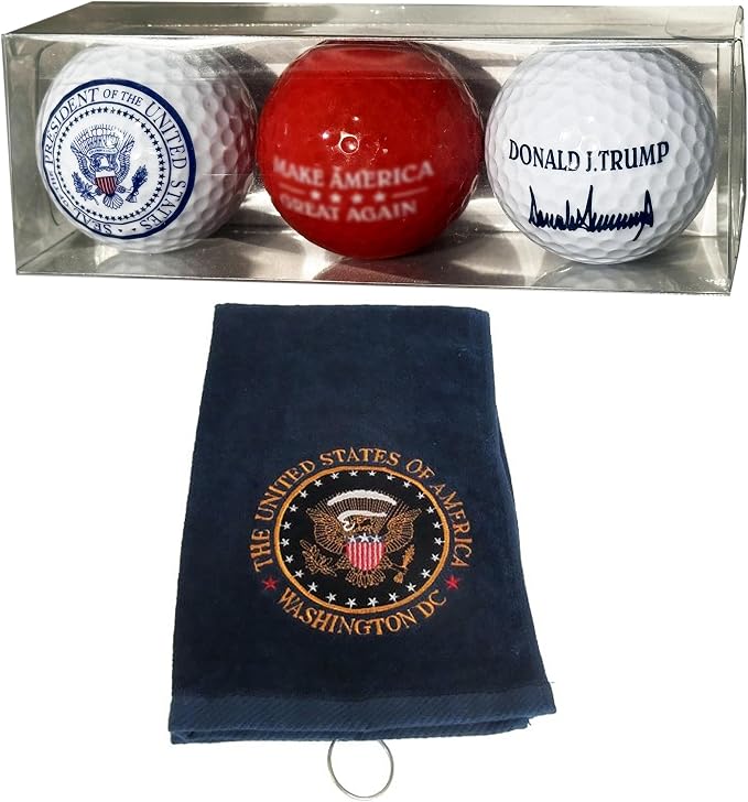 Donald Trump Commemorative Golf Ball Set and Presidential Golf Towel – Includes White Signature, Red, Presidential Seal Balls, and Navy Blue Towel with Great Seal – Limited Edition Collectible