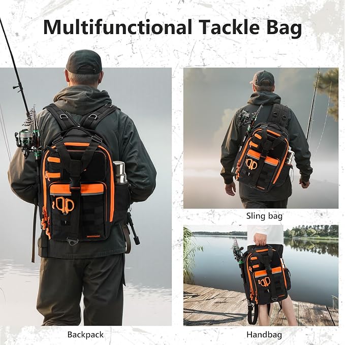 BASSDASH Convertible Fishing Backpack Sling Bag with Rod Holder, Adjustable Tactical Water-Resistant Tackle Storage Pack FP07