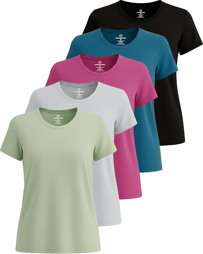 Real Essentials 5 Pack: Women's Short Sleeve T-Shirts Workout Tops Fitness Pilates Gym Activewear Athletic (Plus Available)