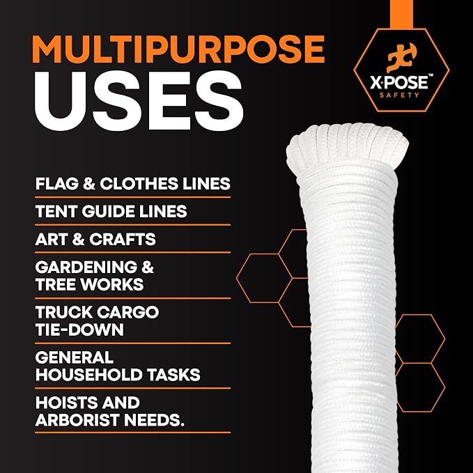 Xpose Safety Diamond Braided Clothesline Rope 8/32" x 100 ft, White Polypropylene Heavy Duty Braided Cord for Clothesline, Camping, Tents, Flagpole, Hoist, Pulley & Outdoor Use, 1 Pack