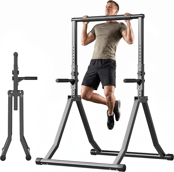 Foldable Power Tower Dip Station for Pull Ups, 58.3"-76.8" 12 Level 700 LBS, Adjustable Dip Handles & Assistance Bands Foldable Home Gym Equipment