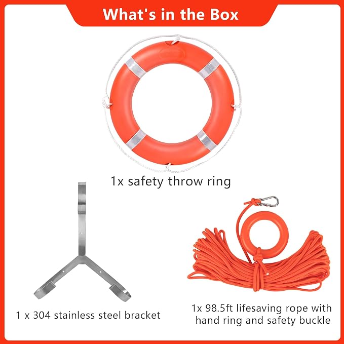 Life Preserver Ring 23"/28", Boat Safety Throw Rings with Bracket, Orange Buoy with Rope 98.5 FT and Reflective Tape for Boat