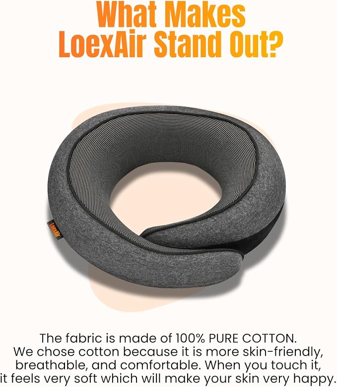 LOEXAIR™ Travel Pillow, Neck Pillow Travel for Airplane, Car - 100% Cotton Fabric & Memory Foam Plane Pillow, Lightweight & Easy-to-Carry on Flight, Full Travel Set (Eye Mask, Earplugs) - Dark Grey
