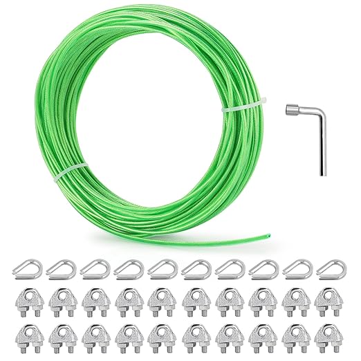 1/8" Clothes Line Outdoors, 100Ft Green PVC Coated Steel Cable Clip Clamp Kit, Multi-use Guide Wires for Climbing Grapevines Plants/Clothesline Wire for T Post/String Light Hanging Kit