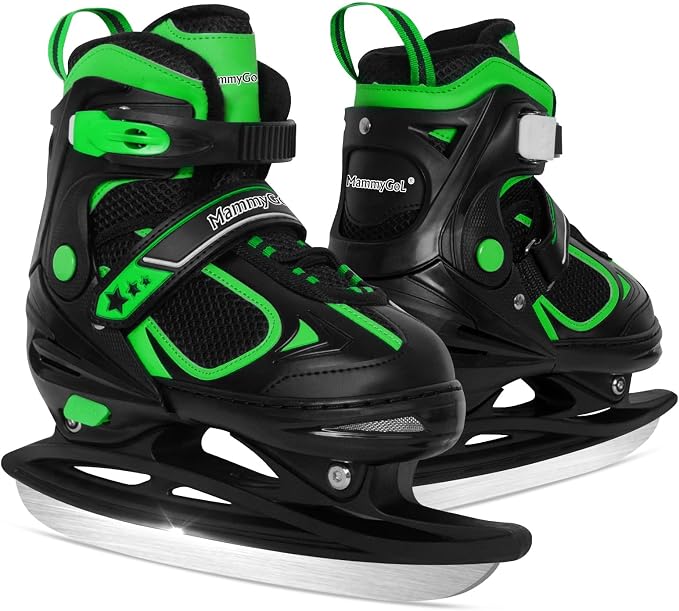 MammyGol Adjustable Ice Skates for Kids Youth Tean Hockey Lace-Up Boys or Girls Ice Skate for Beginner Age 4-12 Blue Black Teal Green