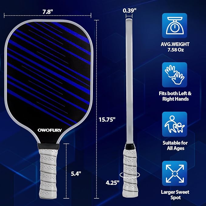 Fiberglass Pickleball Paddles Set of 2, Pickle Ball Racket Lightweight Honeycomb Core Control Paddle, with 4 Indoor Outdoor Balls and Bag for Men Women