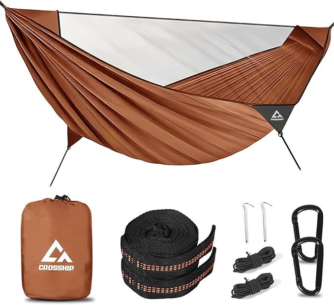 Camping Hammock with Mosquito Net – Portable Parachute Nylon Hammock Tent with Tree Straps, Camp Rope & Stake - for Hiking, Backpacking, Travel, Backyard, Beach – Holds Up to 500lbs (Orange)