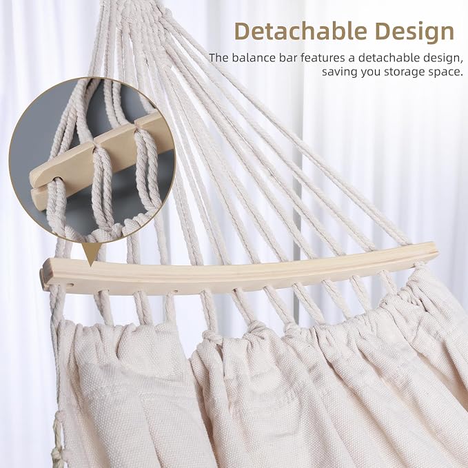 Portable Double Hammock, Hanging Hammock with Tassels and Fishtail Knitting, 550LB Capacity, 320GSM Hanging Bed with Set Full Accessories for Outdoor Camping Patio Balcony Beige