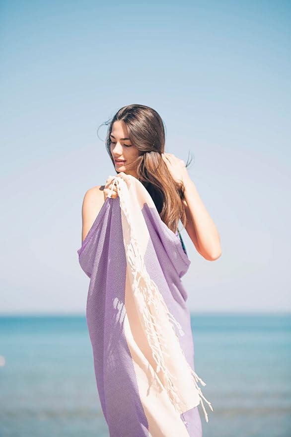 Bazaar Anatolia Turkish Beach Towel 100% Cotton Bath Towels 71x39 Quick Dry Sand Free Lightweight Large Oversized Herringbone Purple