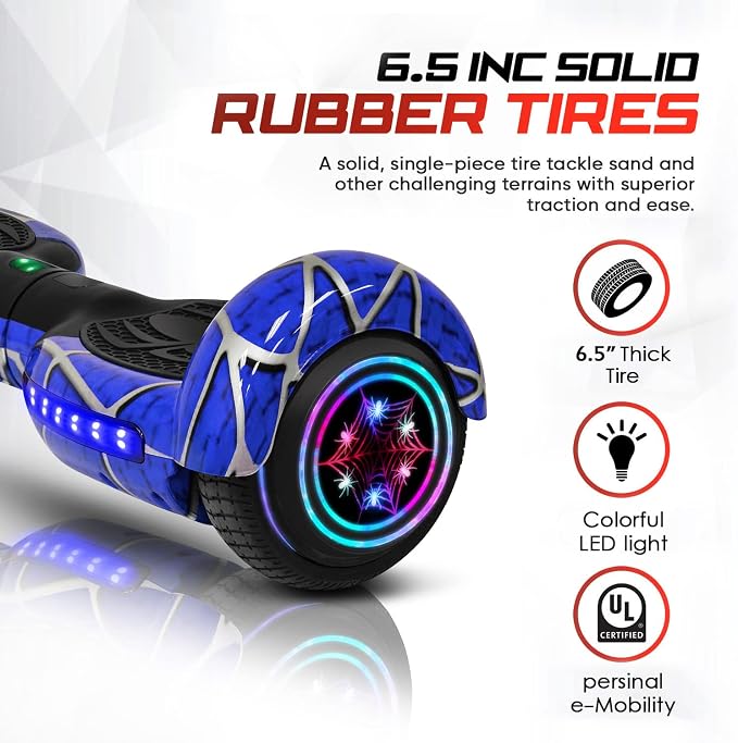 Spider-Pattern Hover Board for Kids Ages 6-12, with Bluetooth Speaker and LED Lights 6.5" Hover Board, UL2272 Safety Certified (Blue)