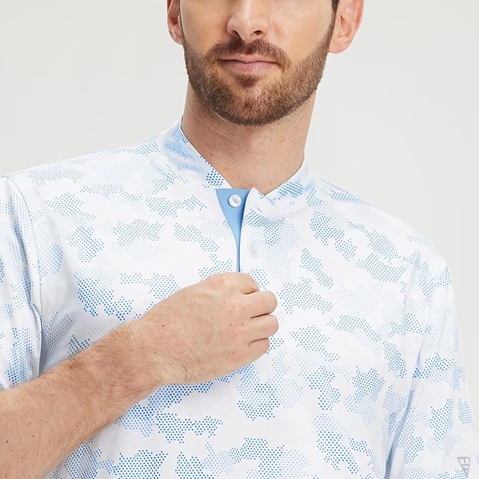 M MAELREG Golf Shirts for Men Collarless Performance Dry Fit Stretch Henley Casual Printed Mens Polo Shirts Short Sleeve