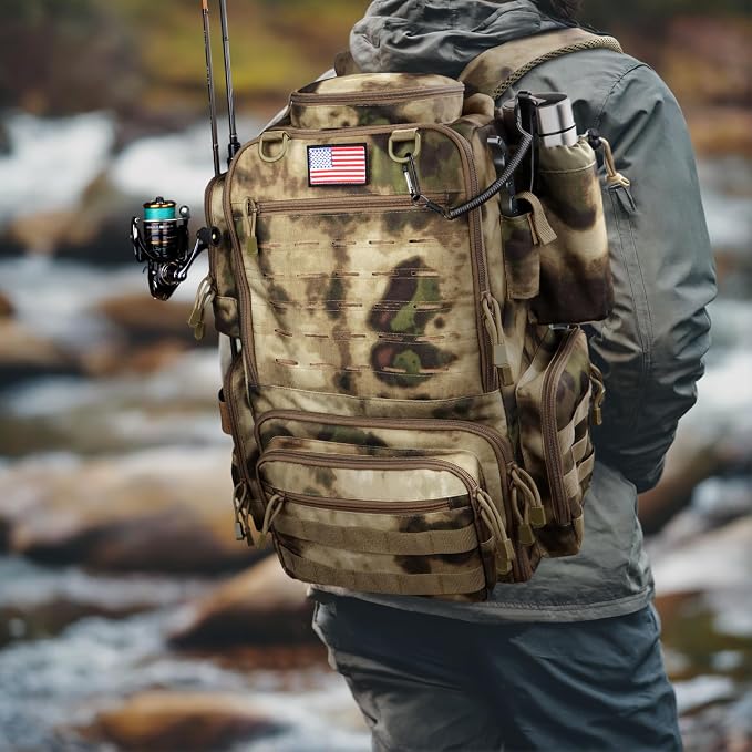 Fishing Backpack, Fishing Tackle Backpack with Rod Holders for 4 Boxes (Box Not Included) 45L Waterproof Fishing Gear, Ideal for Men and Women Large Tackle Box Bag (Sahara Khaki Camo)
