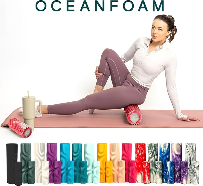 Oceanfoam Ripple Travel Foam Roller (11" x 3.35") Firm Mini Foam Roller for Physical Therapy, Deep Tissue Massage, Back Pain - High Density, Ergonomic Wave Textured - Yoga, Exercise (Red Marbled)