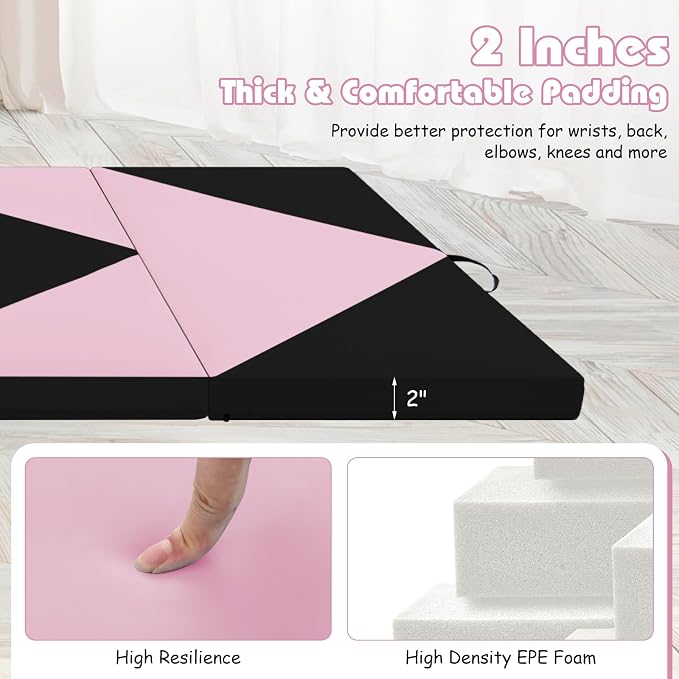Goplus Gymnastics Mat, Folding Tumbling Mat with Carry Handles, Hook & Loop Fasteners, 4 Panels for Fitness Exercise Yoga Stretching Aerobics Workouts, Thick Gym Mats for Home