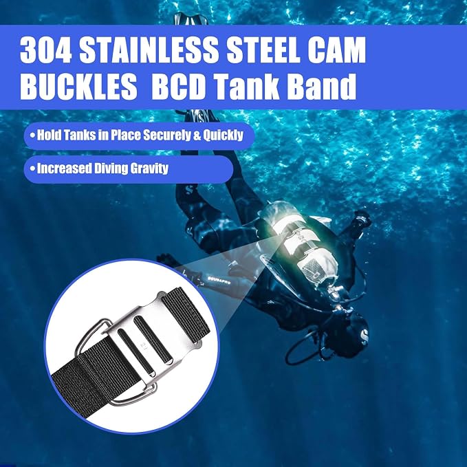 Scuba Diving BCD Tank Band, Adjustable and Sturdy Dive Tank Strap with 304 Stainless Steel Cam Buckles and Non-Slip Pads for Underwater Diving, 2 Pack