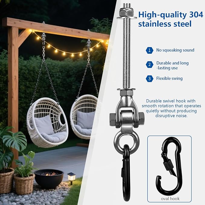 4-Pack Stainless Steel Swing Hangers Kit with 1500 LBS Load Capacity, Silent 180° Swing Heavy Duty Hanging Hardware with Carabiners for Porch Swing, Hammock, Sandbag, Indoor Outdoor Use