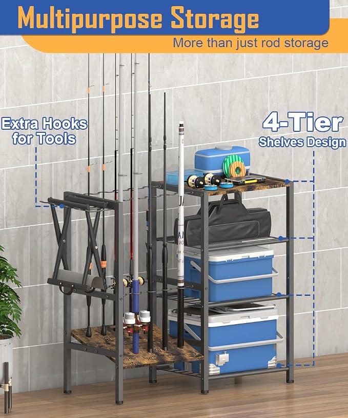 Fishing Rod Holders for Garage, Fishing Pole Holder Stand with Multifunctional Hook, 4 Tier Fishing Gear Equipment Organizers Rack, Fits Most Rods of 1.58" for Home Entryway Corner
