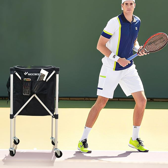 Sturdy Pickleball Tennis Ball Hopper - Foldable Lightweight Tennis Cart Holds 240 Tennis/180 Pickleballs with Removable Bag, Wheels, Side Pocket for Training/Teaching