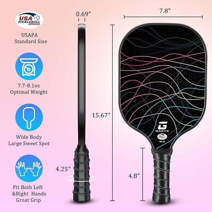 GARYE Pickleball Paddles Set of 2 or 4, USAPA Approved Carbon Fiber Pickleball Set, Lightweight Pickle Ball Rackets 2 Pack with 6 Balls, 1 Bag, Pair of Grip Tapes, Pickle Ball Paddle for Men and Women