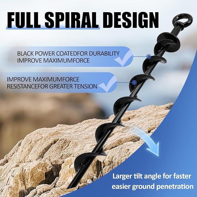 Ground Anchors Heavy Duty, 15in Steel Spiral Ground Stakes Screw in, 4 Pack Easy Install for Hard Soil, Outdoor Ground Anchors for Shed, Tent, Swing Set, Canopy, Trampoline Frame, High Wind Security