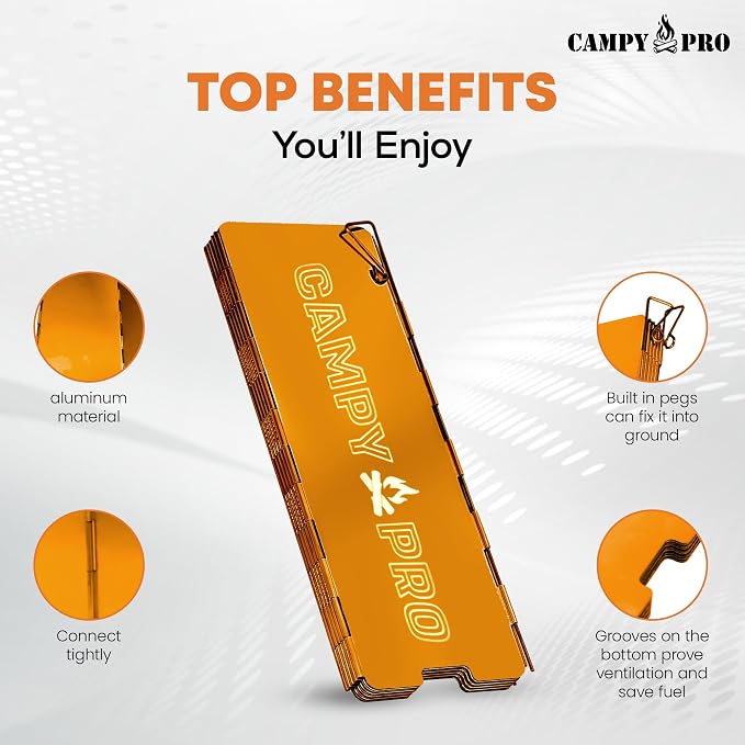 Orange Camping Stove Windscreen, 12-Plates Premium Aluminum Wind Guard Shield, Foldable Portable Design with Storage Box, Heavy-Duty, Butane Burner Windshield for Outdoor Cooking