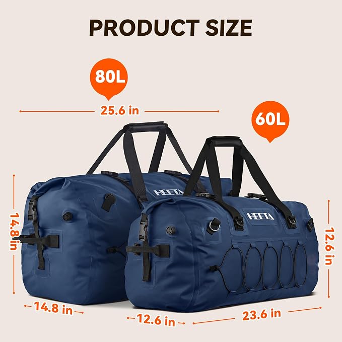 HEETA Waterproof Duffel Bag Motorcycle Dry Bag Backpack, 60L/80L Extra Large Rolltop Travel Duffle Bags with Straps & Handles for Kayaking Rafting Boating Canoeing Camping Gym Beach Cruise Ship