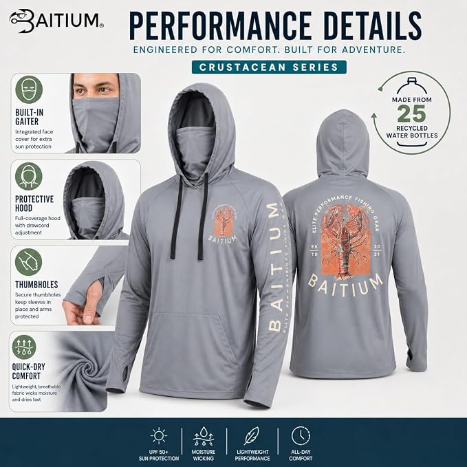 Fishing Shirts for Men,UPF50 Hooded Long Sleeve with Gaiter, Sun Protection Dry Fit Apparel, Face Mask, Fishing Clothes