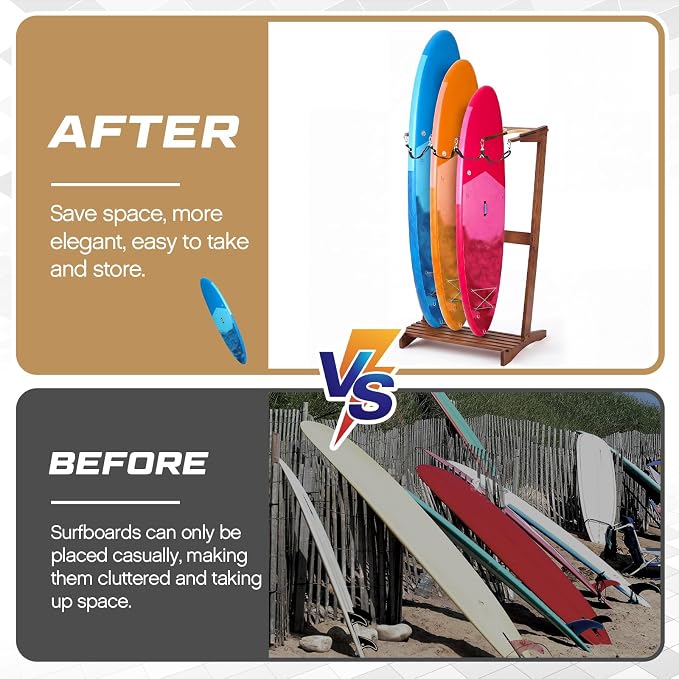 CroBlissful Surfboard Rack Freestanding Vertical Surf Board Stand for 4 Boards Bamboo Display Rack for Shortboard, Snowboard, Skateboard, Ski and Wakeboard