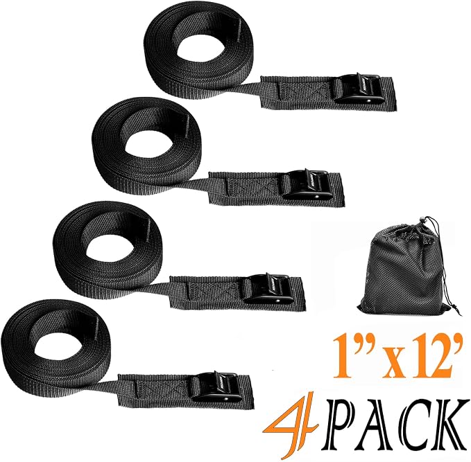 WEDAMER 4 Pack Kayak Tie Down Straps 12Ft Cam Buckle Tie Downs Adjustable Kayak Strap for Trucks Motorcycles Boat RV - Ratchet Lashing Straps for Roof Rack Trailer Cargo Packing Securement (1" x 12')
