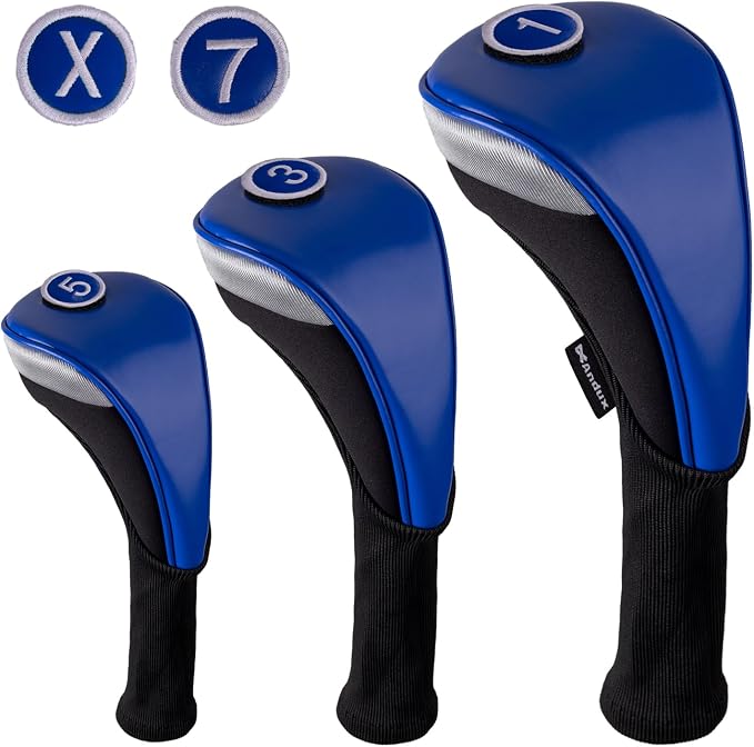 Andux 3pcs/Set PU Golf Wood Club Head Covers with Long Neck | for 460cc Driver Fairway Wood Club with Hook & Loop No. Tags Coloured Piping Pull-On Closure