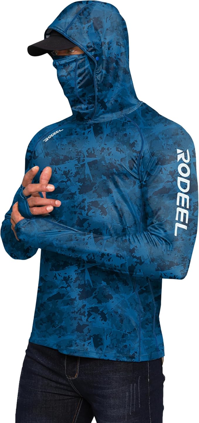Rodeel Men's UPF 50+ Performance Fishing Hoodie, Long Sleeve Sun Protection Athletic Quick-Dry Breathable T-Shirt