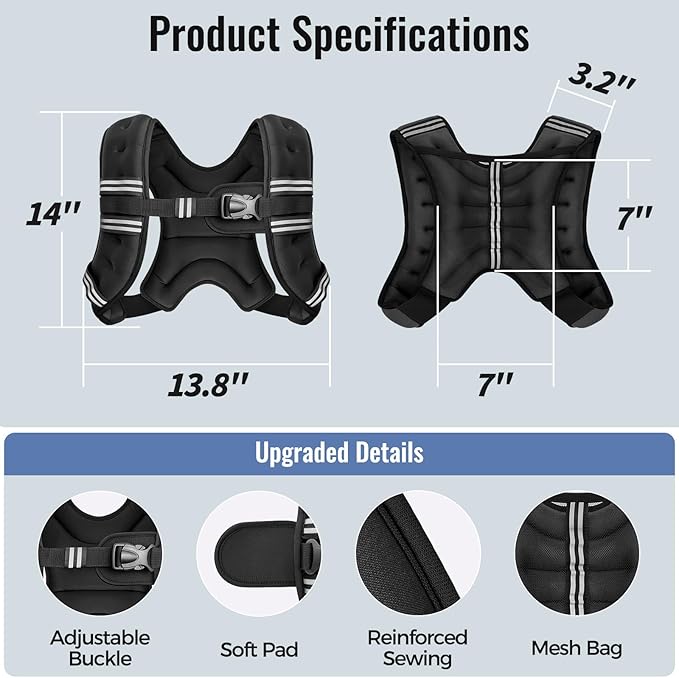 Zeerun Weighted Vest, 6lb/8lb/10lb/12lb/15lb/18lb/20lb/24lb/30lb for Men Women, Reflective Stripe Adjustable Buckle, Comfortable Durable Rucking Vest for Walking Running Strength Training