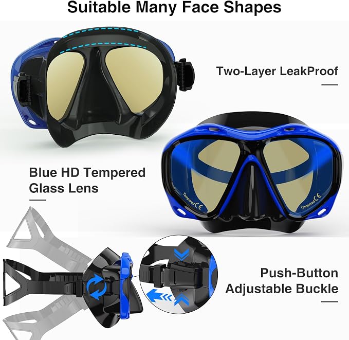 Snorkeling Gear for Adults, Snorkel Mask With Mirrored Tempered Glass Lens 180° Wide View Anti-Fog Scuba Diving Mask, Professional Snorkel Set for Swimming Diving, Gifts for Women Mom Men Dad