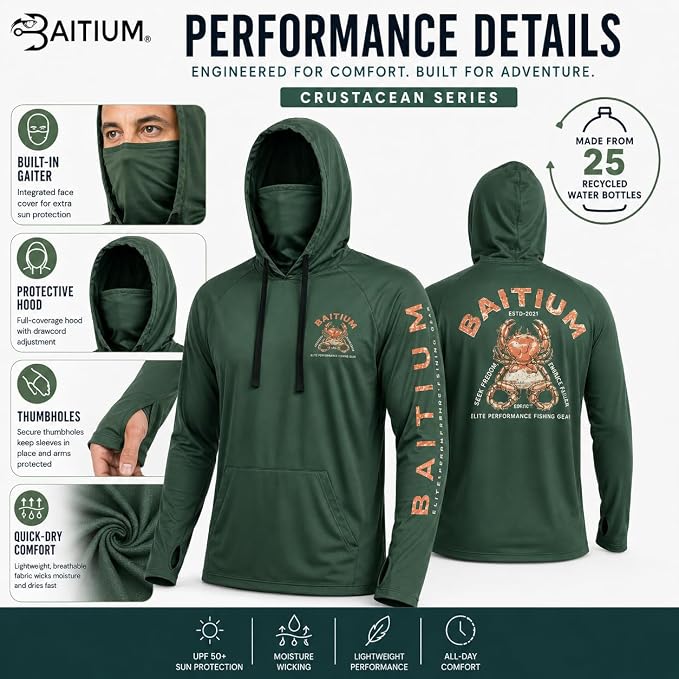 Fishing Shirts for Men,UPF50 Hooded Long Sleeve with Gaiter, Sun Protection Dry Fit Apparel, Face Mask, Fishing Clothes