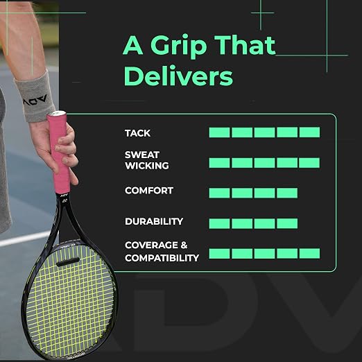 ADV MaxTac Tacky Tennis Overgrip - 12 Pack Extremely Sticky Non-Slip Tennis Grips Overgrip - Razor-Thin & Easy to Use Pro Tennis Racquet Grip Tape (12-Pack Pink)