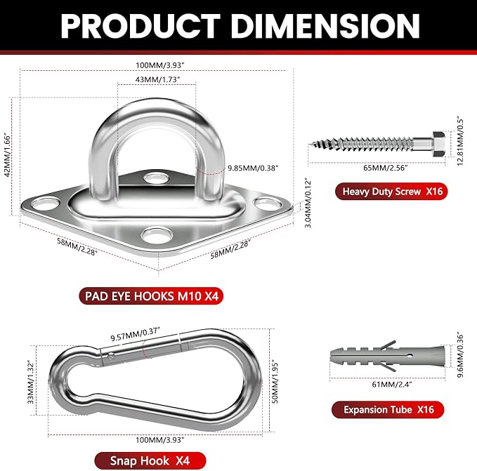sprookber 304 Stainless Steel Pad Eye Snap Hooks, M10 Heavy Duty Ceiling Hook, 1700lb Capacity Hammock Swing Hanging kit, Plant Hangers, Marine Hardware Staple Hook Loop with Screws, Set of 8