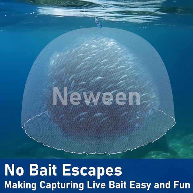 Neween Cast Net for Fishing with Shrimp Cage, American Freshwater Saltwater 3/4/5/6/7/8/9/10Ft Radius Casting Net Bait Trap Fish, Heavy Duty Zinc Sinker, 3/8 Inch Mesh Size