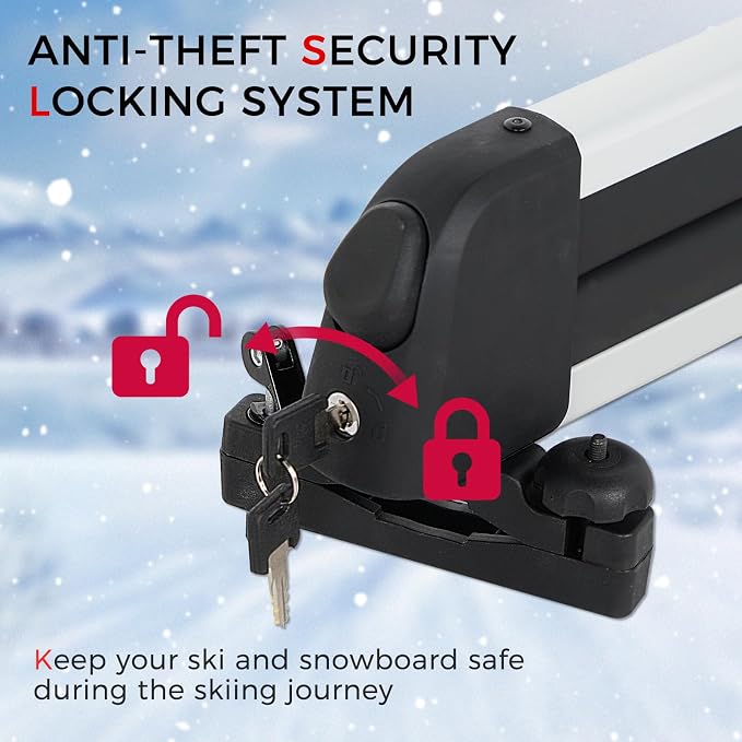Ski and Snowboard Roof Racks with Anti-Theft Lock, 24.3" Universal Ski Roof Rack Carrier - Fits 6 Pairs Skis or 4 Snowboards, Silver