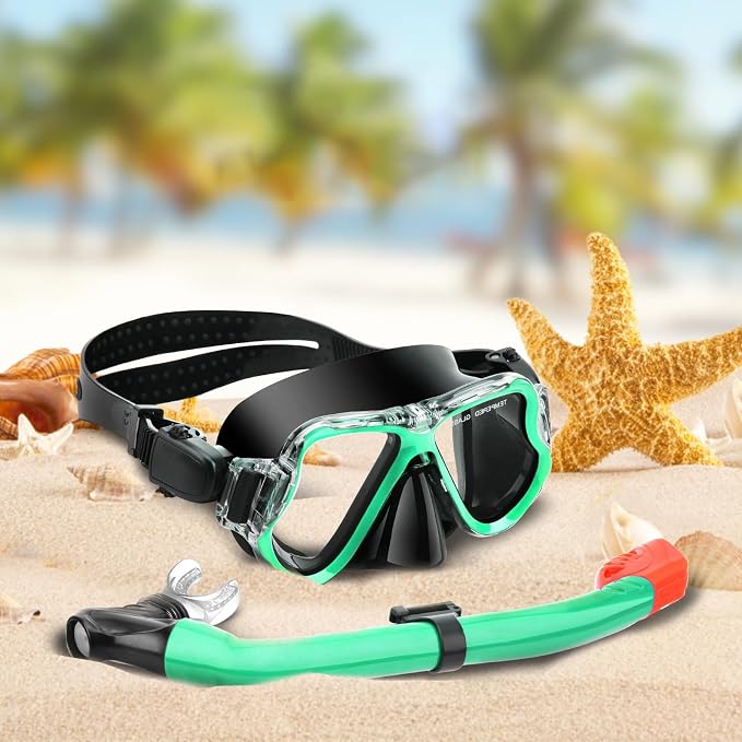 Snorkeling Gear for Kids, 4 in 1 Child Mask Fins Snorkel Set with Panoramic View Anti Fog Mask, Dry Top Snorkel, Trek Fins and Travel Bag, Kids Snorkeling Set with Fins for Snorkeling Swimming
