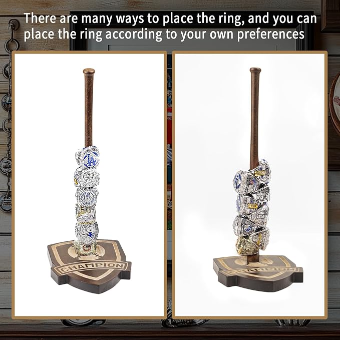 Wooden Baseball Ring Holder,Championship Ring Display Holder,Softball Ring Holder,Sports Ring Holder,Engraved with Delicate Patterns and Words.Holds 15 Rings