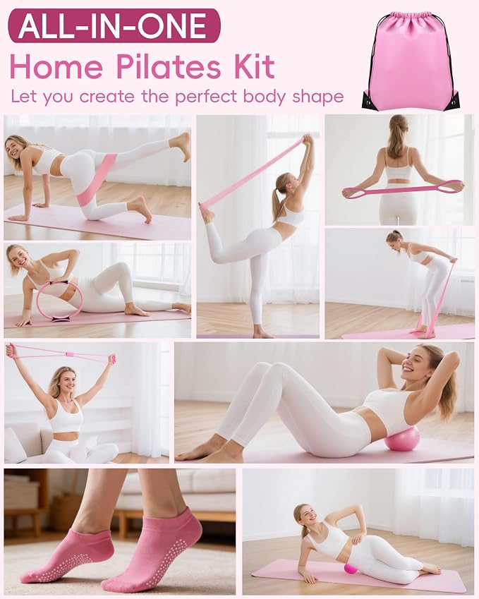 KABCON Pilates Kit for Home, Women Beginners Workout Essentials Set | 13" Ring, 9.8" Ball, Resistance Bands & Guide, 13/14/16 PCS Compact Pilates Equipment